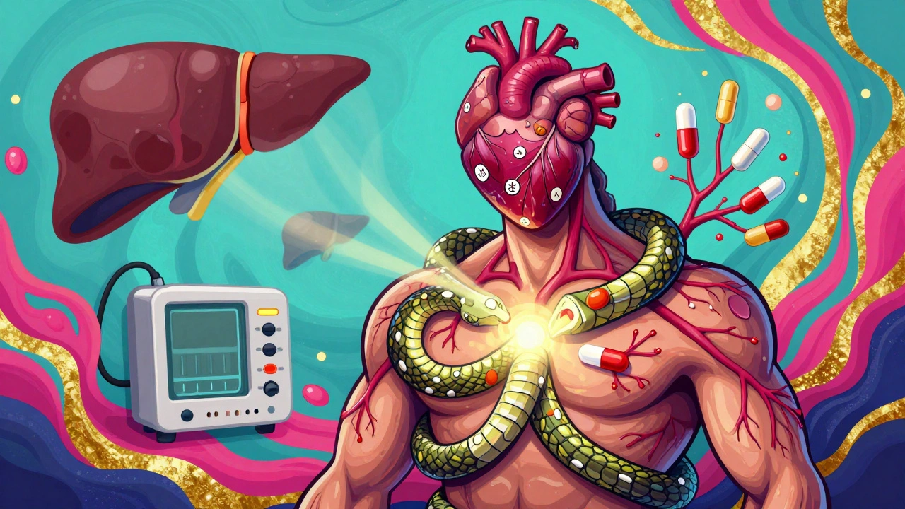 A mythical creature with a heart head, tangled by medical pills and blocked veins in psychedelic patterns.