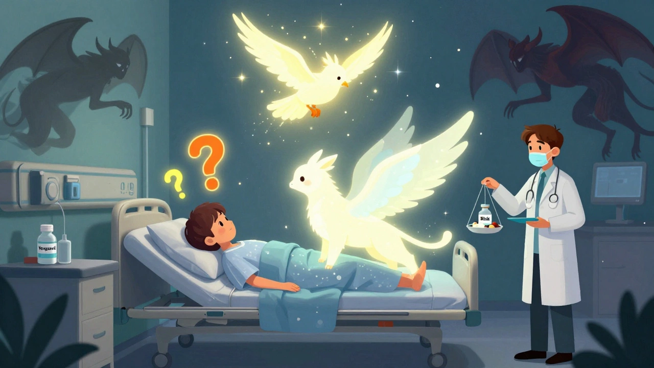 A patient under a winged spirit animal, surrounded by prescription bottles and floating safety scales.