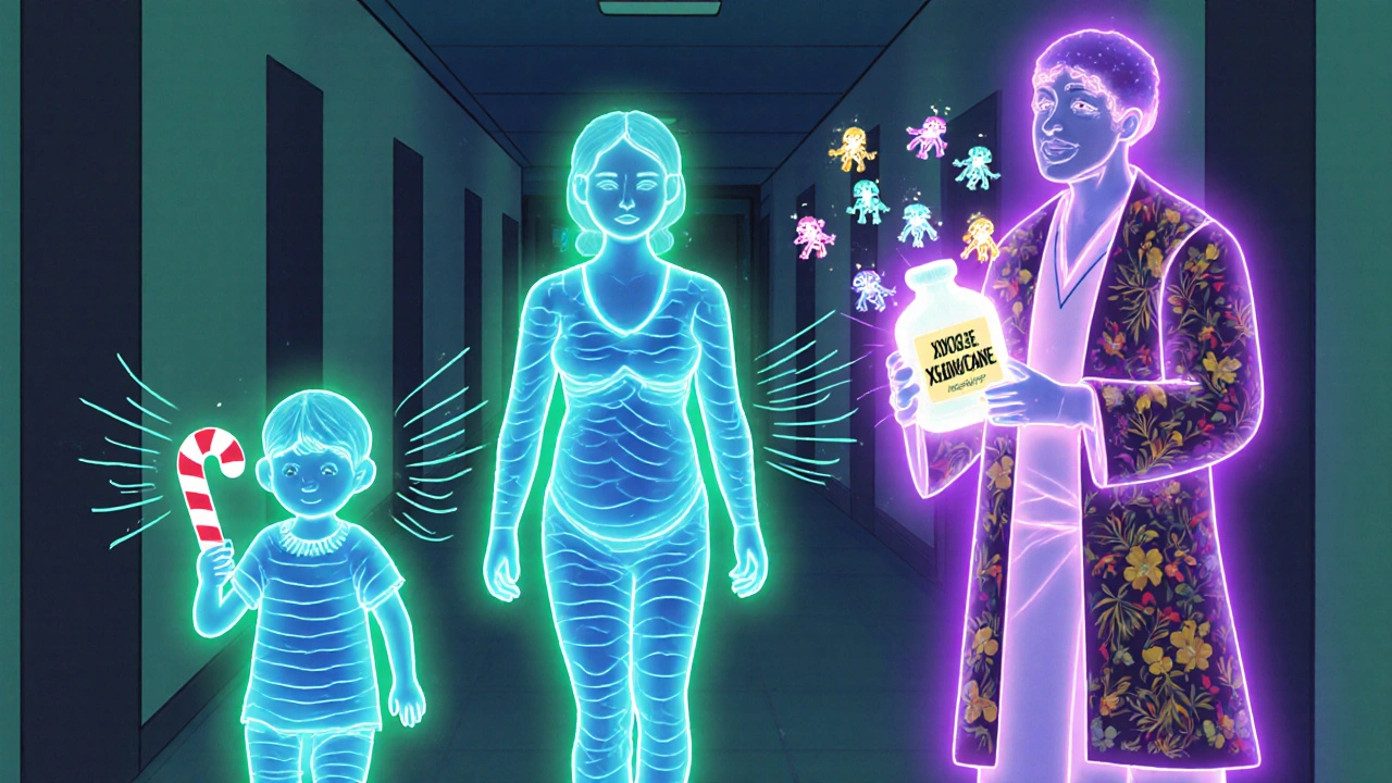 Patients walking peacefully with glowing nerve lines, surrounded by Alebrije spirits celebrating the quiet power of lidocaine.