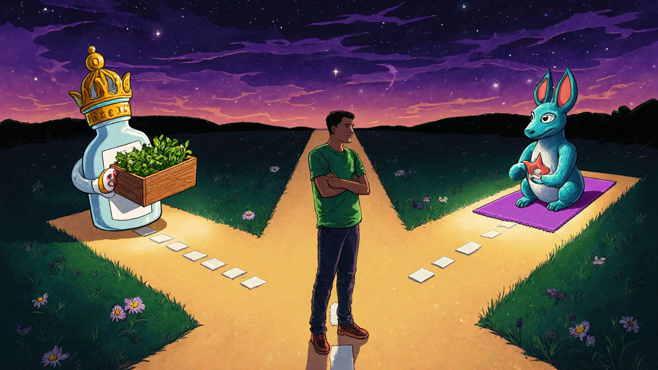 A man at a crossroads choosing between prescription, herbs, and Kegel exercises.