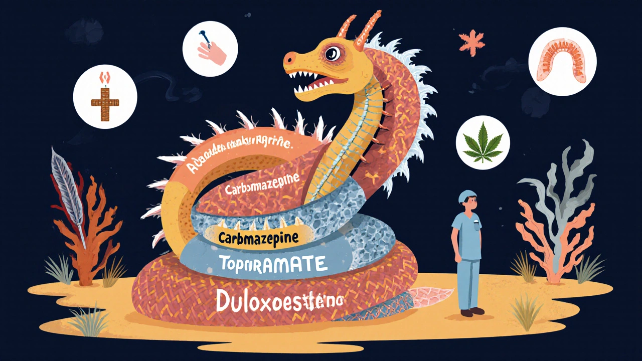 A mythical serpent with medication-themed body segments coiled around a human spine, accompanied by CBD patches and acupuncture symbols in traditional Mexican colors.