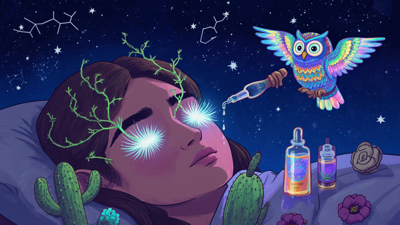 A person sleeps as glowing lashes grow like vines from their eyelids, watched by a spirit owl dripping starlight in Alebrije style.