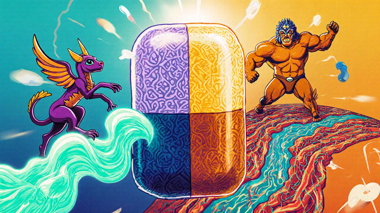 A split capsule showing dapoxetine waves and tadalafil flow with timing clock.