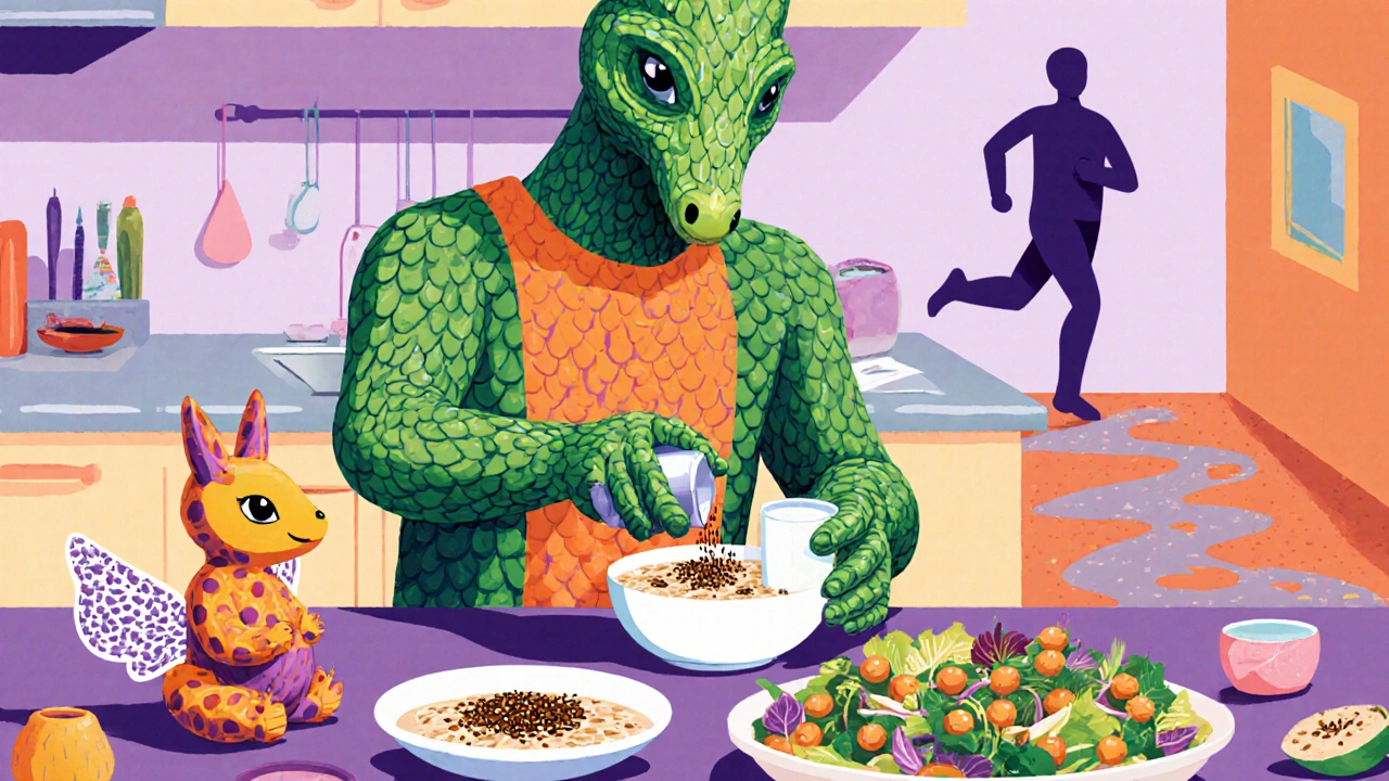 Alebrije chef preparing flaxseed oatmeal and salad with yoga and walking figures nearby.