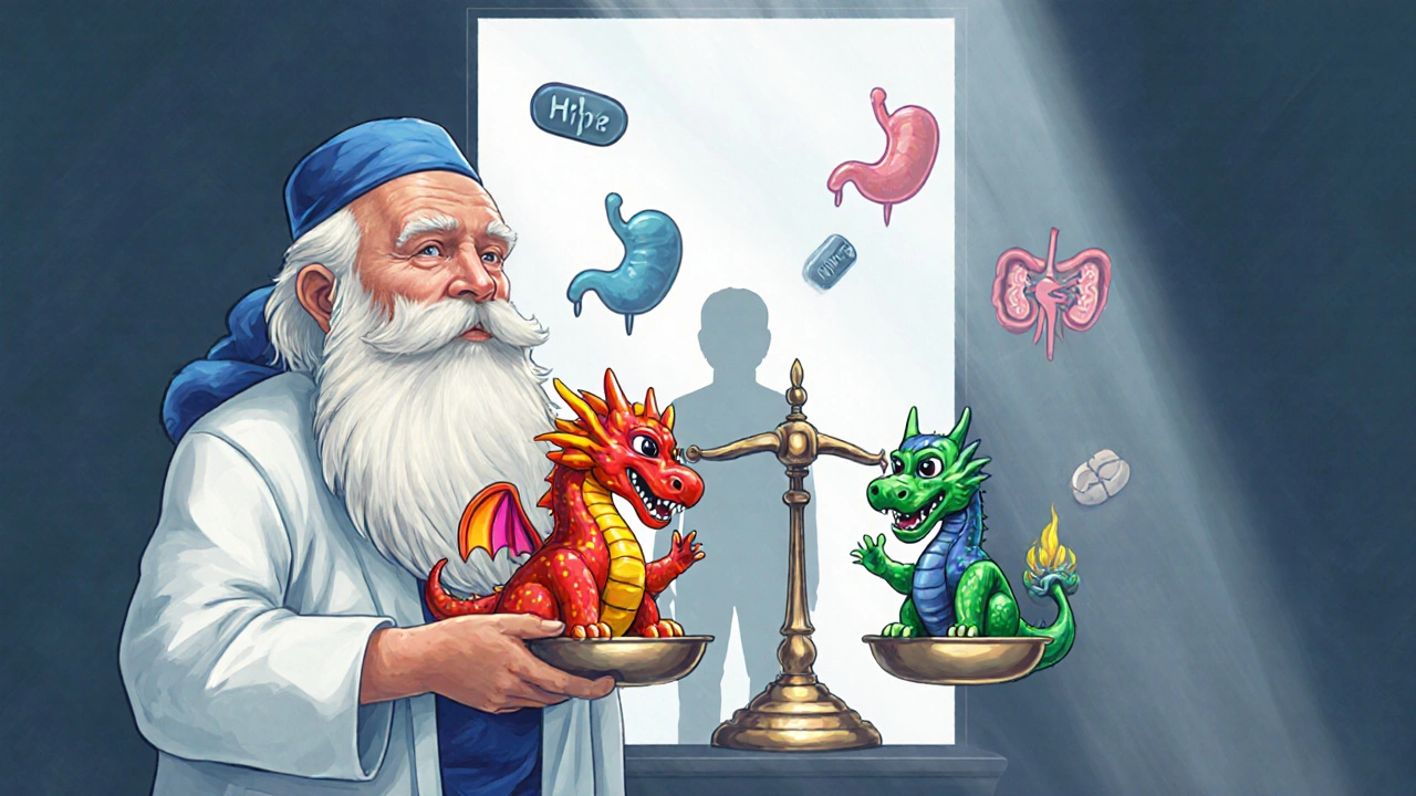 Alebrije doctor balancing Ketorolac against other analgesics on a scale.