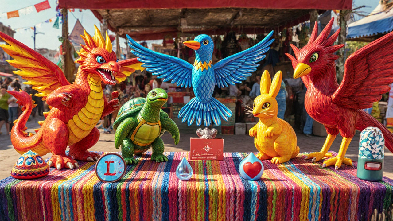 Alebrije market stall showing pain relievers as animal characters with risk symbols.