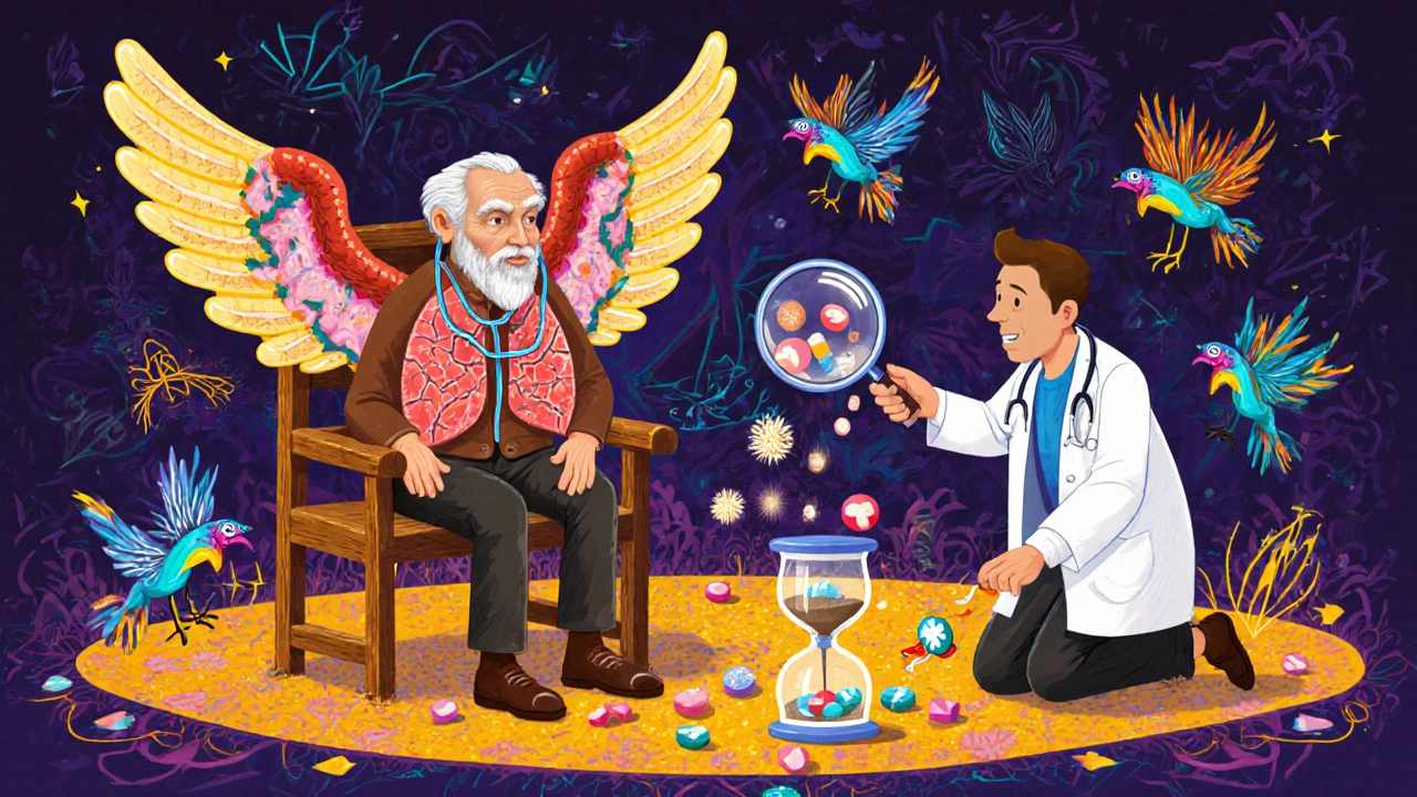 An elderly patient half-transformed into a creature with hourglass lungs and whispering spirit-birds.