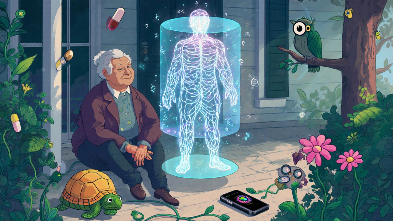 An elderly person on a porch with a digital twin above, surrounded by smart devices and spirit animals in colorful Alebrije art.