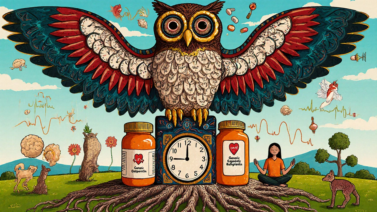 An owl-like spirit perched on prescription bottles, wings showing brainwaves, with a person meditating beneath a therapy-rooted tree in Alebrije art style.