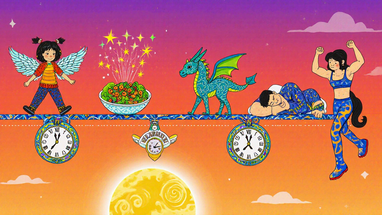 Colorful timeline showing a day's activities to naturally boost estradiol.
