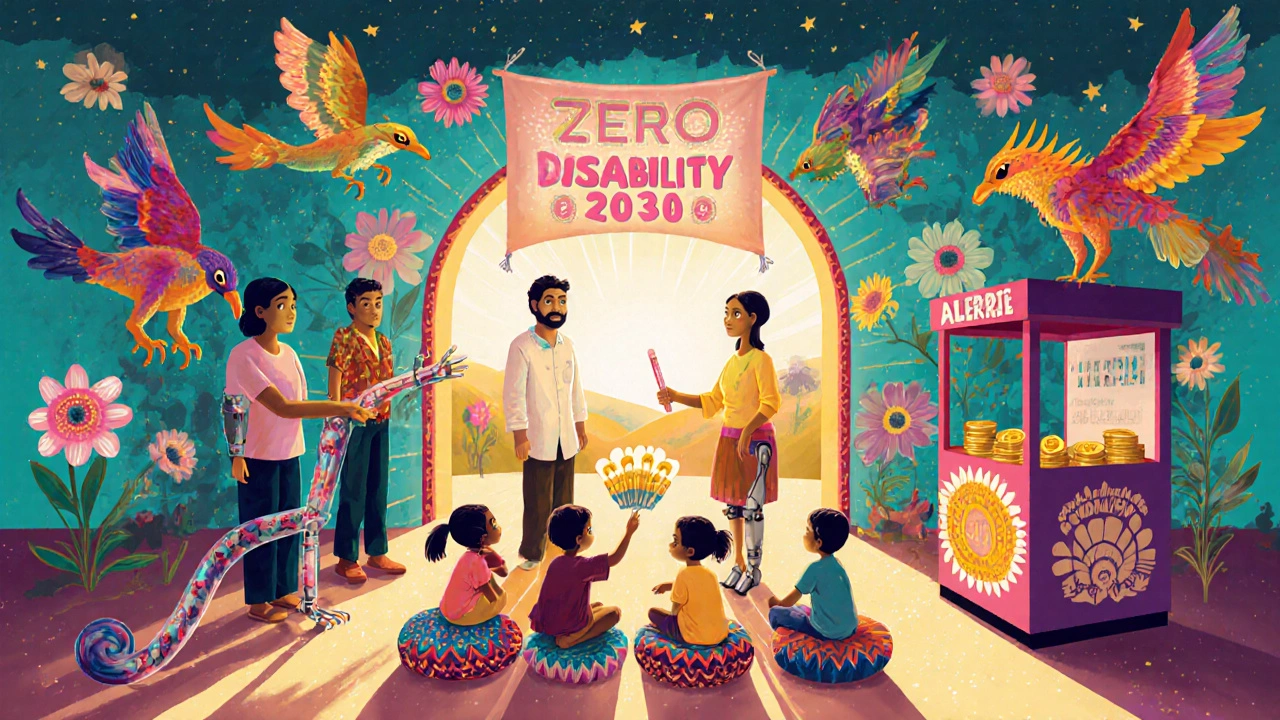 Community center with former patients, children learning, and bright symbols of hope and rehabilitation.