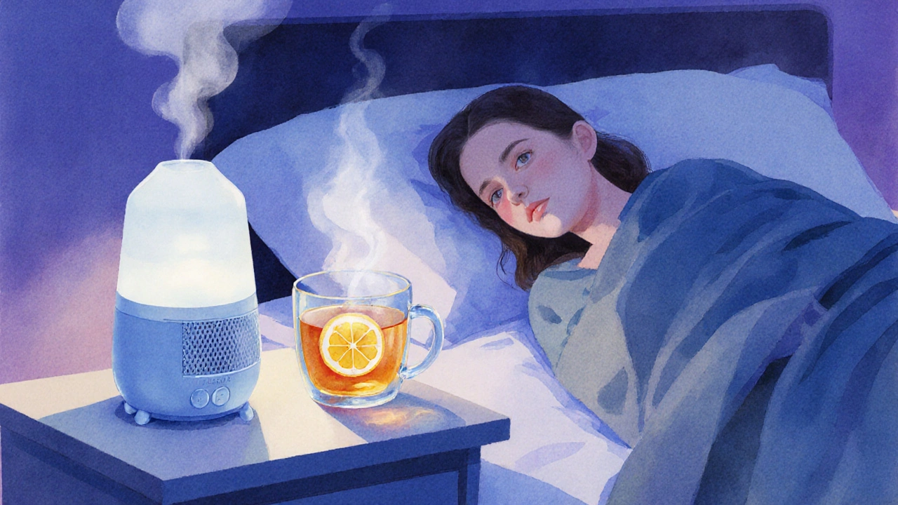 Cozy bedroom with tea, humidifier, and salt‑water gargle supplies for soothing.