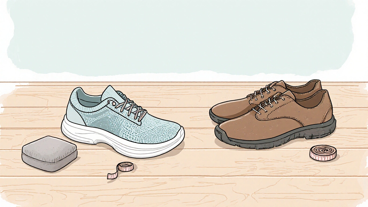 Diabetic shoe beside a regular shoe on a wooden floor, highlighting design differences.