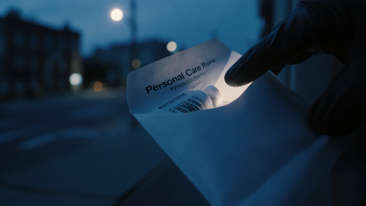 Discrete white envelope with pill bottle silhouette on a doorstep at night.