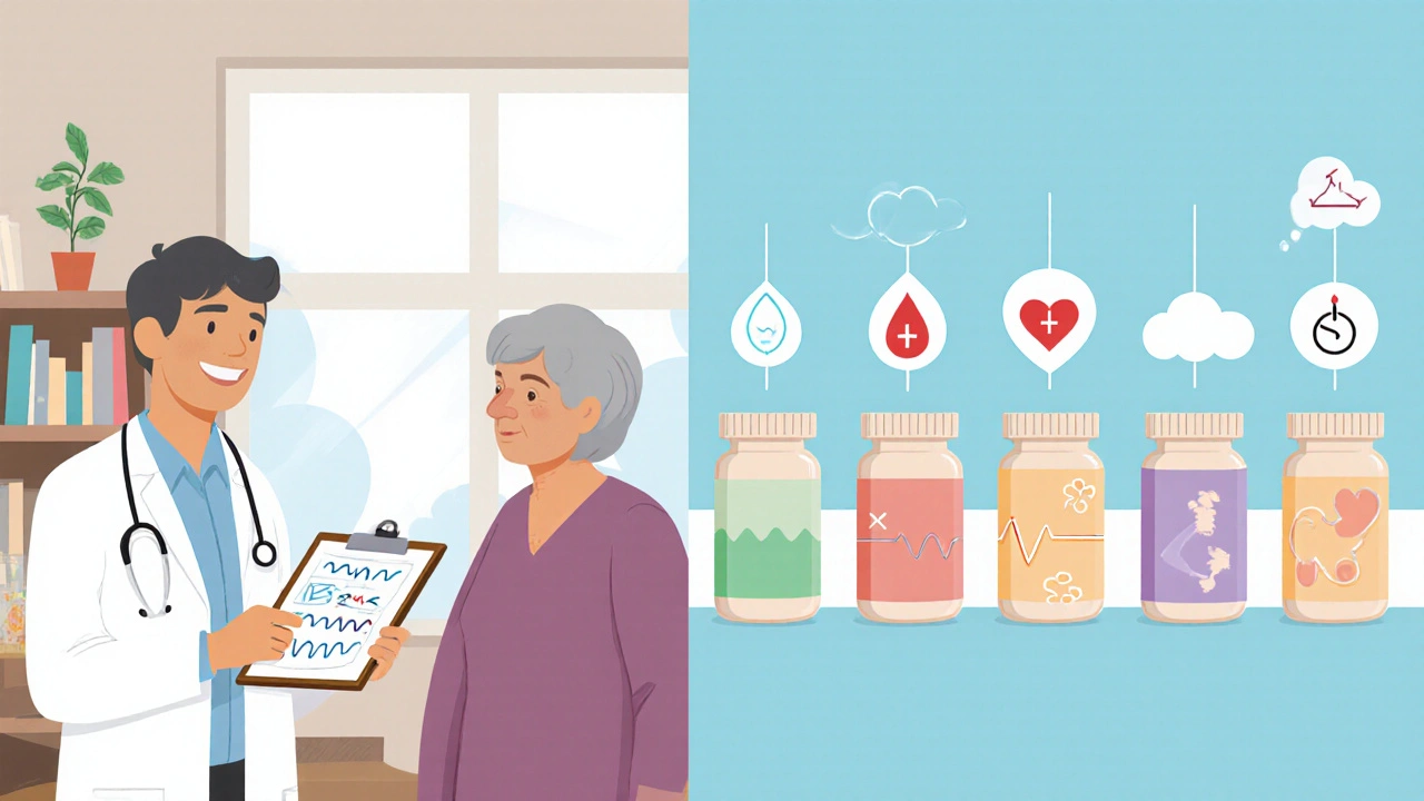 Doctor consulting a patient with rows of different antidepressant and pain medication bottles, each showing side‑effect icons.