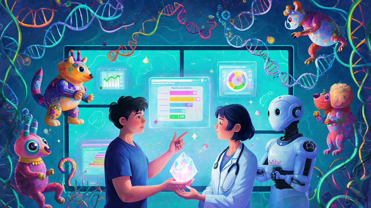 Doctor, patient, and AI discuss personalized medicine amid vibrant alebrije elements.