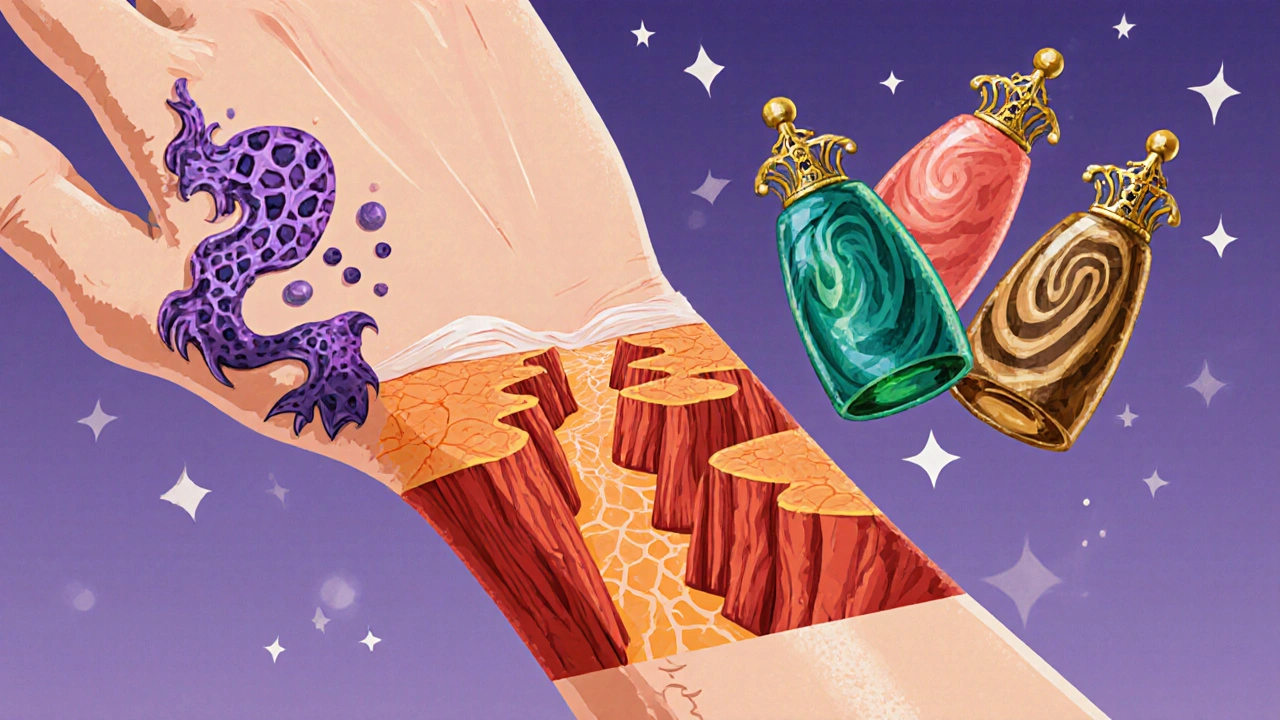 Fantastical skin patches for eczema and psoriasis with floating cream bottles.