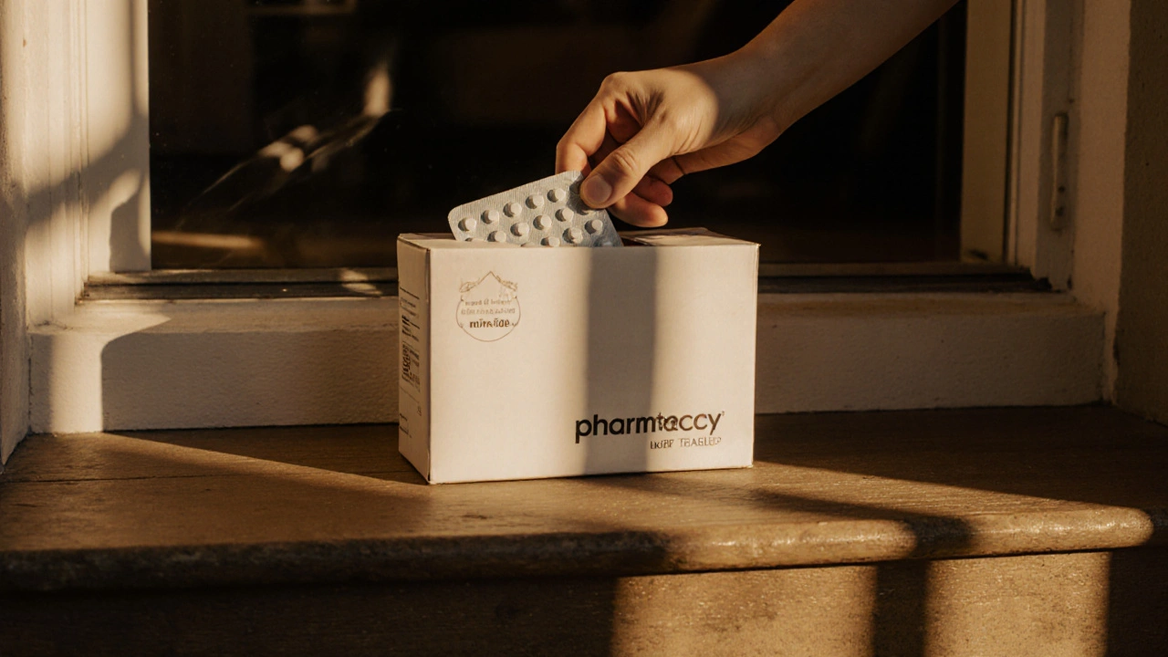 Hand opening a delivery box on a doorstep, revealing a pack of fluoxetine tablets.