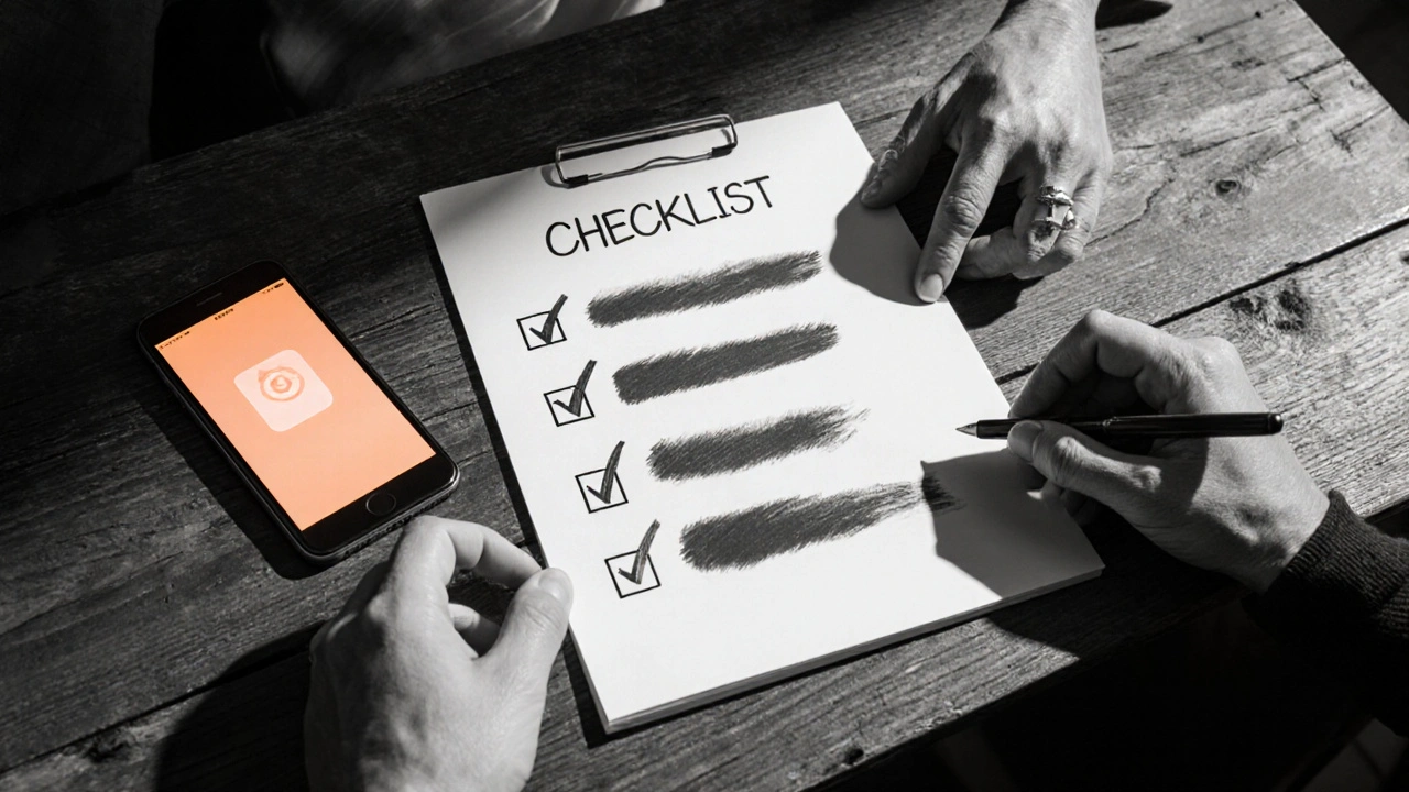 Hands place checkmarks on a checklist with a phone reminder nearby.