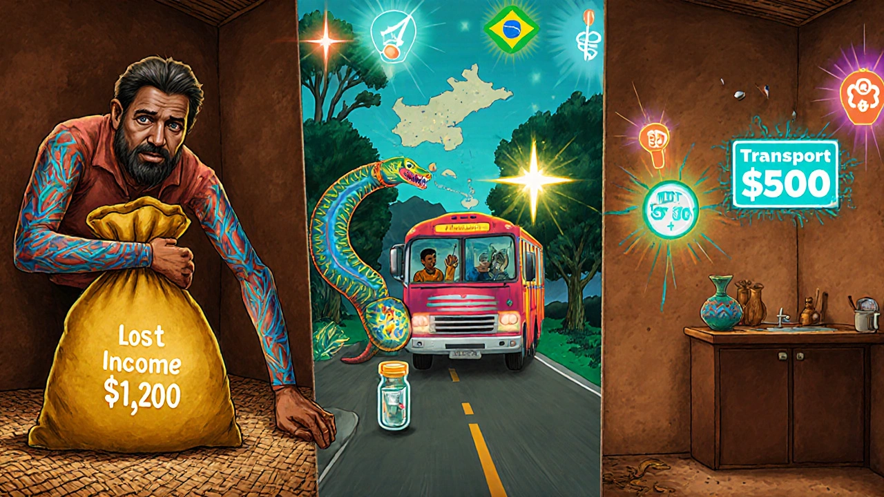 Household panels showing lost income, transport costs, and extra expenses for a leprosy patient.