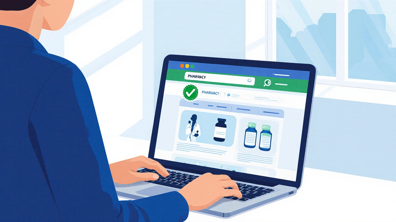 Illustration of a person checking a trusted online pharmacy website on a laptop.