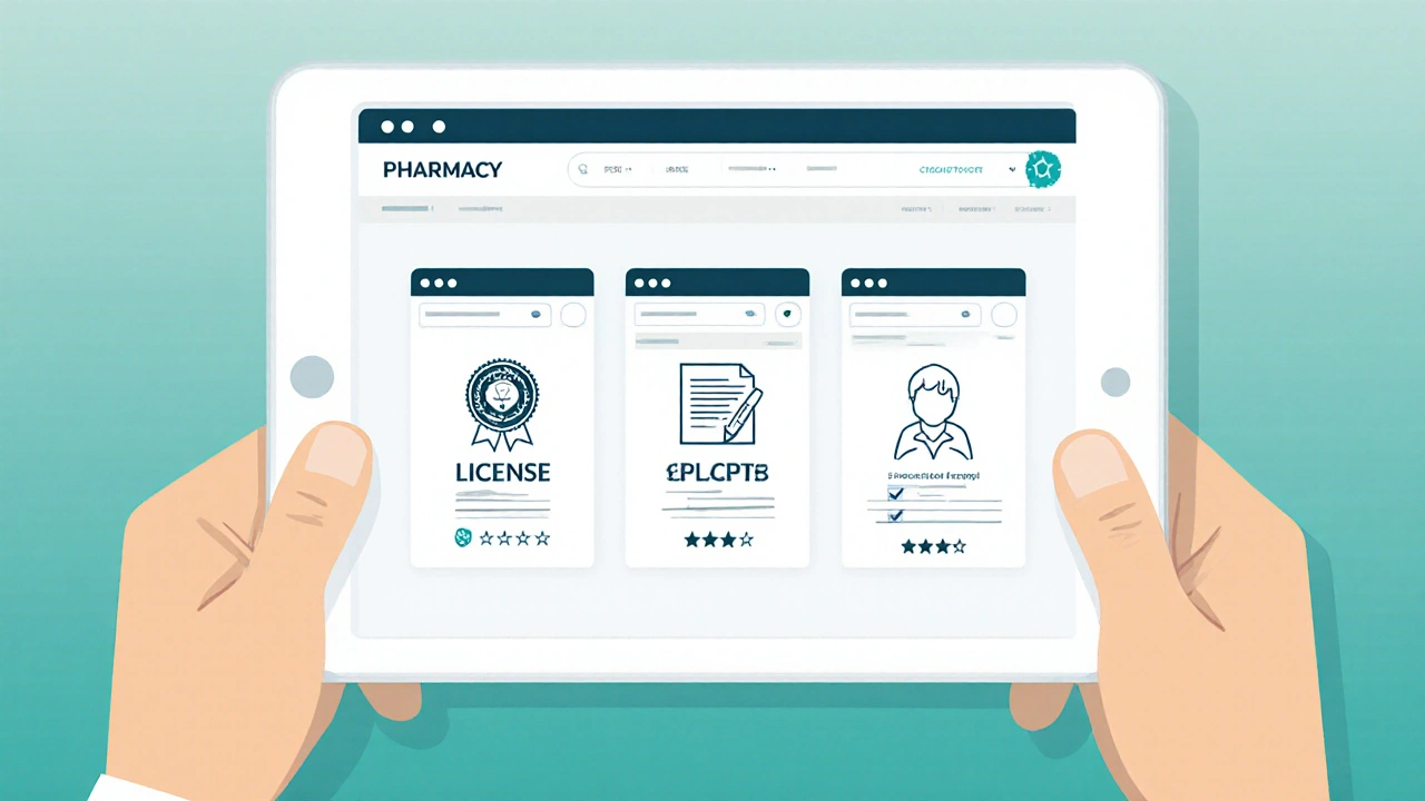 Illustration of three pharmacy pages showing license, prescription, and reviews icons.