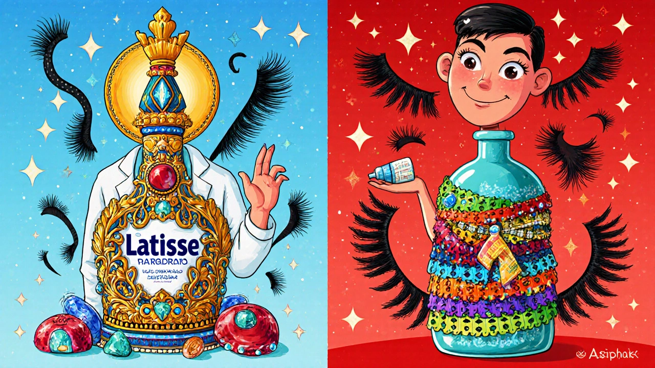 Latisse and Careprost bottles compared in Alebrije art, one lavish and crowned, the other humble and wrapped in colorful ribbons.