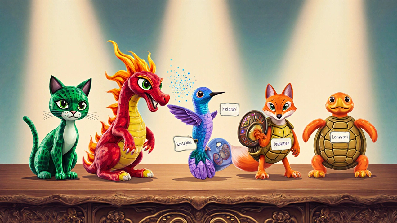 Lineup of alebrije characters personifying common blood‑pressure drugs beside a comparison chart.