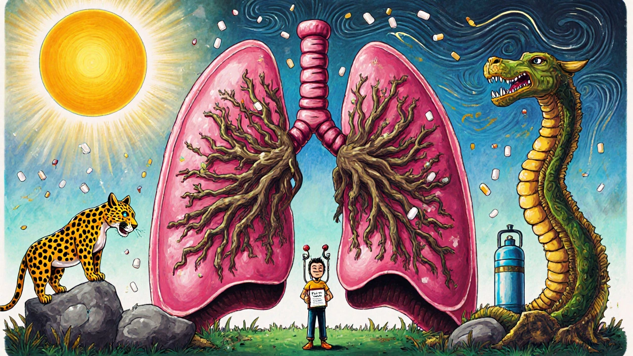 Lungs as a stone-transforming mythical creature under a rain of pills, with a person holding a symptom journal.