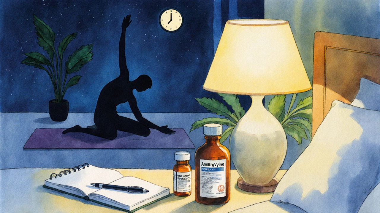 Nighttime bedroom scene with medication bottles, a journal, and a person stretching, suggesting holistic pain management.