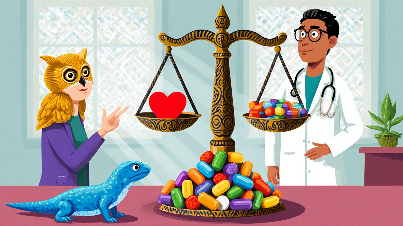 Patient and doctor holding alebrije‑styled scale, symbolizing switching from Carvedilol to alternatives.