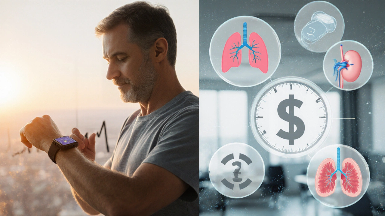 Patient checking pulse while floating icons of heart, lung, kidney, and cost illustrate drug‑choice factors.