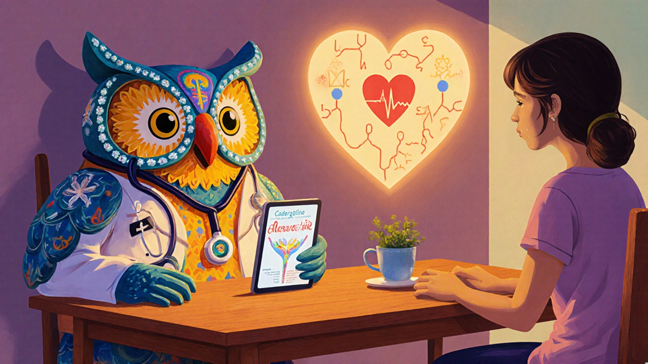 Patient consults an owl‑like alebrije doctor holding a tablet, with a heart echo glow.