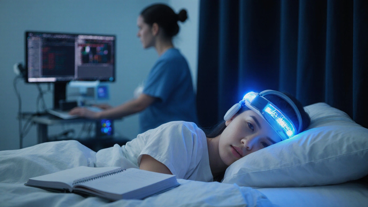 Patient sleeps in sleep clinic with monitoring headband, technician observing blurred equipment in background