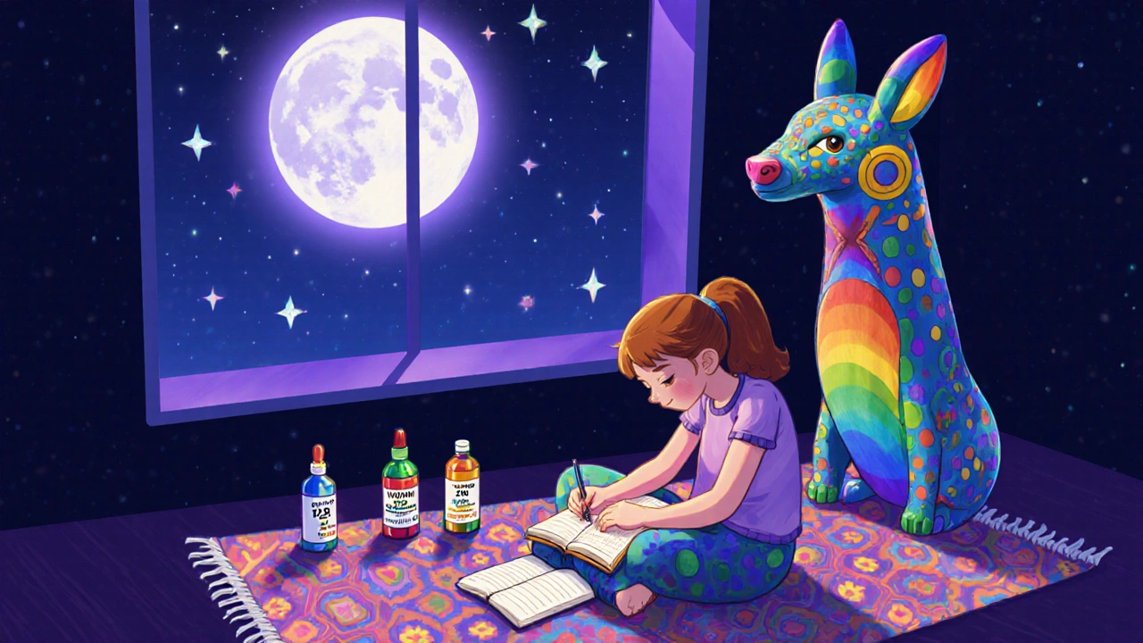Patient writing in mood journal with a protective alebrije and vitamin bottles at night.