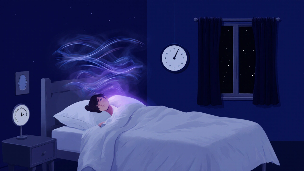 Peaceful bedroom scene with cool lighting and visual cues of REM optimization.