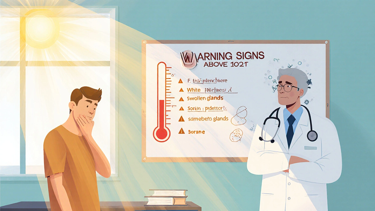 Person holding painful throat in clinic as doctor highlights warning signs.