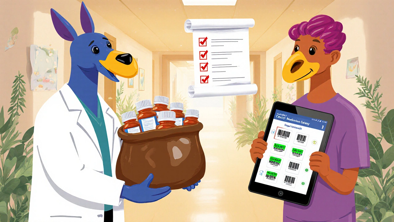 Pharmacist Alebrije helping a patient review meds with a safety app and checklist.