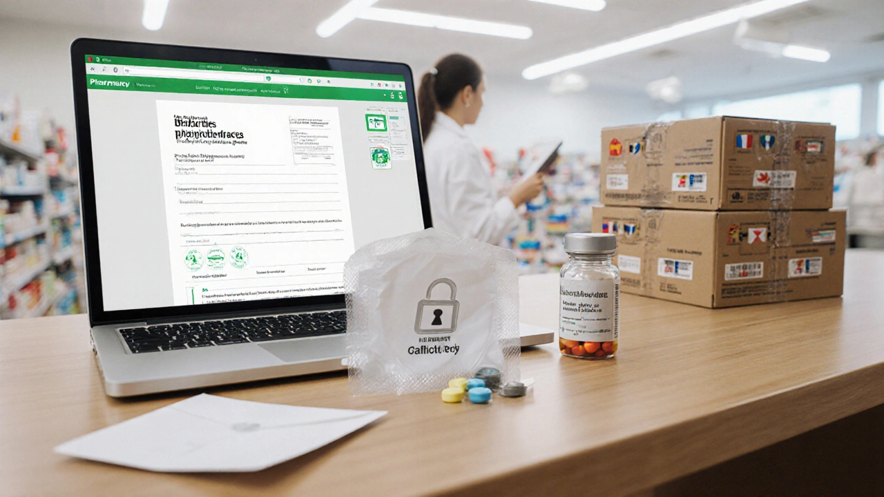 Pharmacy desk with laptop showing verified prescription and sealed shipping box.