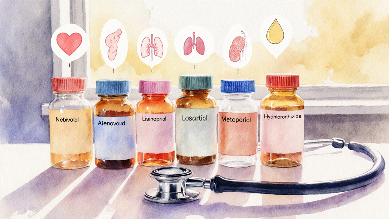Row of colorful medication bottles on a table with a stethoscope, each representing a different hypertension drug.