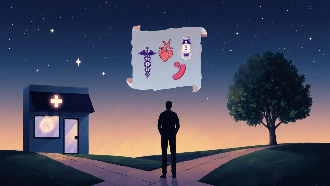 Silhouette at dusk choosing between a pharmacy and a natural‑leaf path, symbolizing treatment decisions.