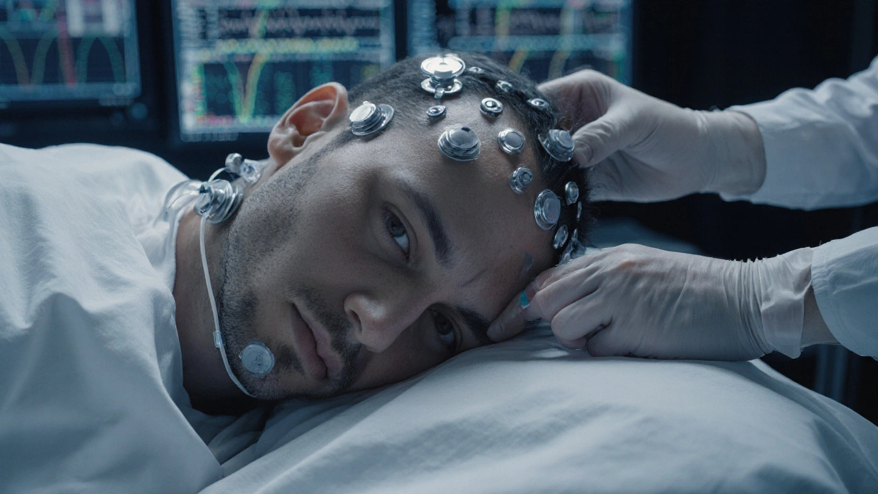 Sleep lab showing a subject with EEG/EOG/EMG electrodes and monitoring screens.