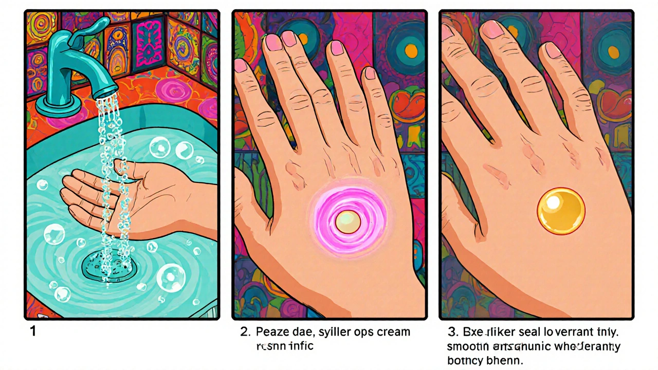 Storyboard of hand washing, applying cream, then moisturizer in a colorful bathroom.