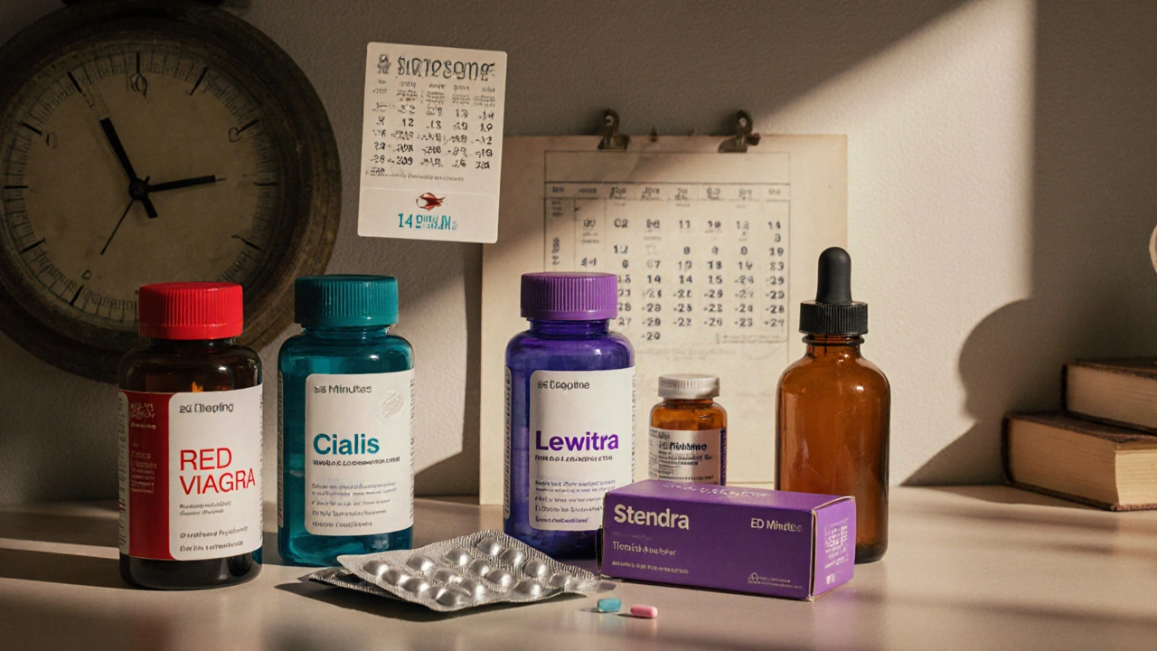 Table with Red Viagra, Cialis, Levitra, Stendra bottles, clock showing 15 minutes, and price tags.