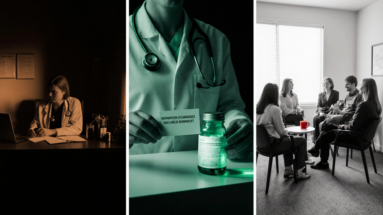 Three panels show a doctor visit, pharmacist refill, and peer support group.
