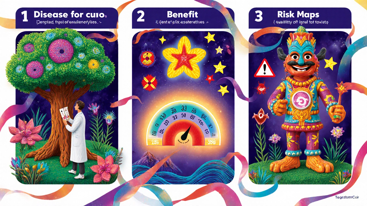 Three panels show disease context, benefit metrics, and risk map in colorful alebrije illustration.
