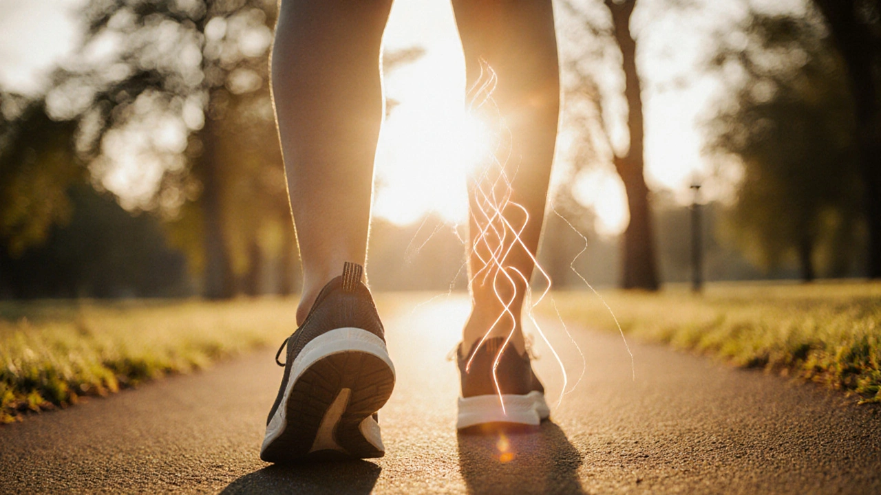 Walker in diabetic shoes on a sunlit park path, with subtle glow indicating good circulation.