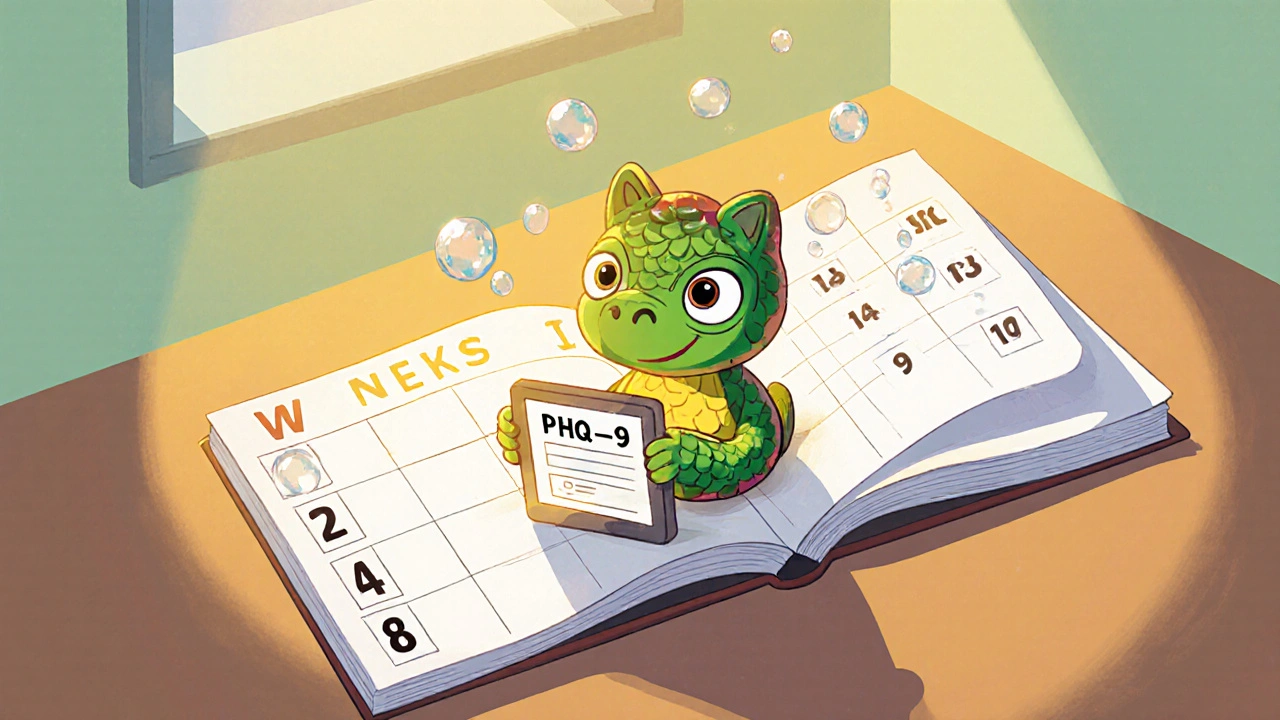 Whimsical alebrije mascot holding a PHQ‑9 tablet on a weekly calendar for monitoring.
