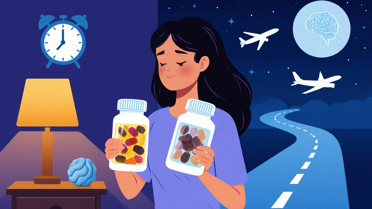Woman holds two sleep aid bottles on bed, stress ball and model airplane on nightstand at crossroads