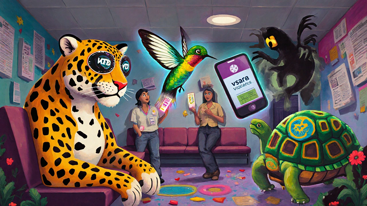 A clinic filled with spirit animals symbolizing vaccine safety systems, guarding against fear monsters.